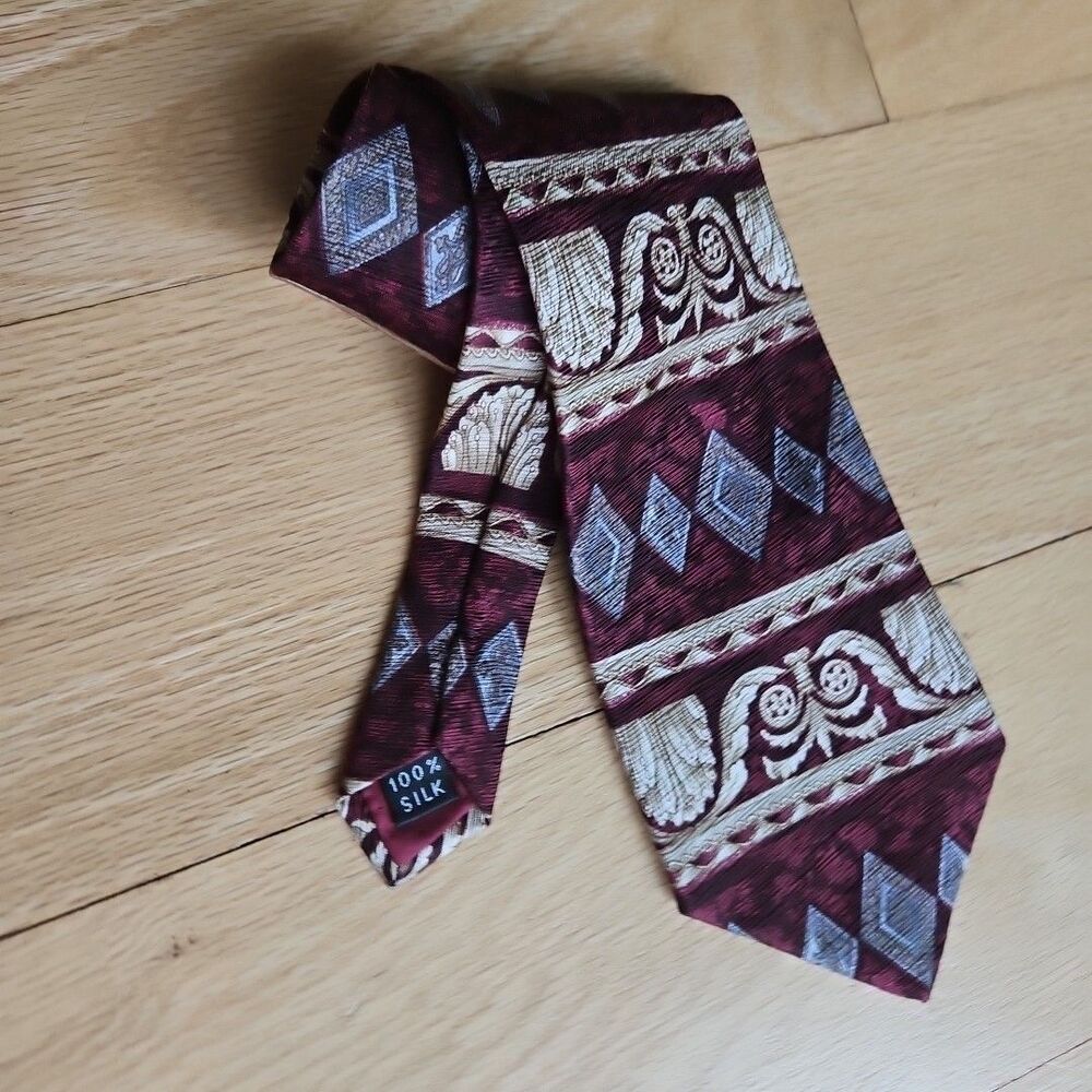 Fratelli 100% Silk Handmade In Italy Grecian Look Maroon Gray Black Men’s Tie - Picture 2 of 7